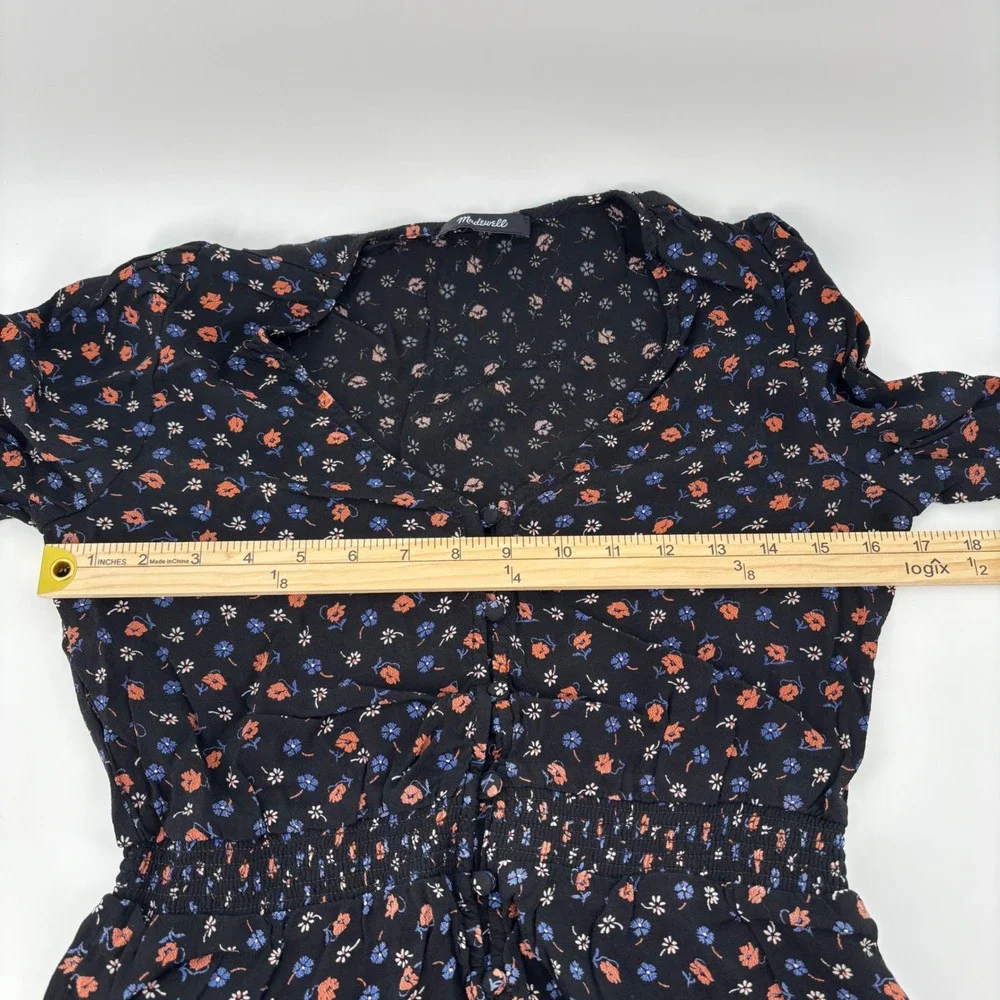 Madewell Womens Blouse XS Black Floral V-Neck Smocked Peplum Top Romantic Boho